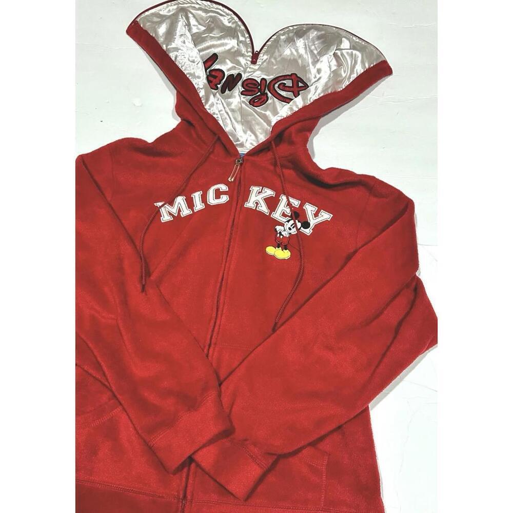 Disney Girl's Mickey Mouse Red Full Zip Hoodie Embroidery Satin Hood Fleece LG - Picture 6 of 15